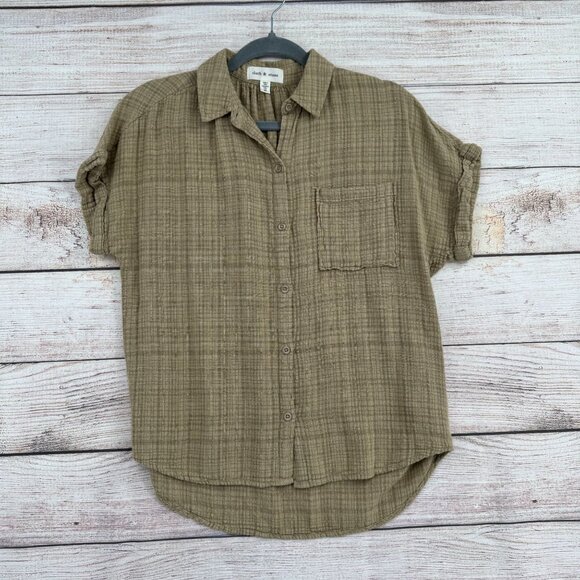 Cloth‎ & Stone Knit Plaid Button Down Shirt Women's Size XS Green Cuffed Sleeve - Picture 1 of 9